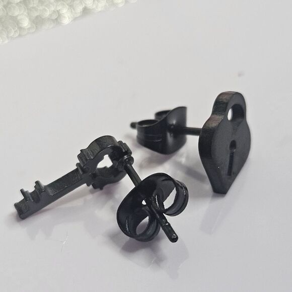 Black Titanium Lock and Key Stud Pushback Earrings. - Picture 7 of 14